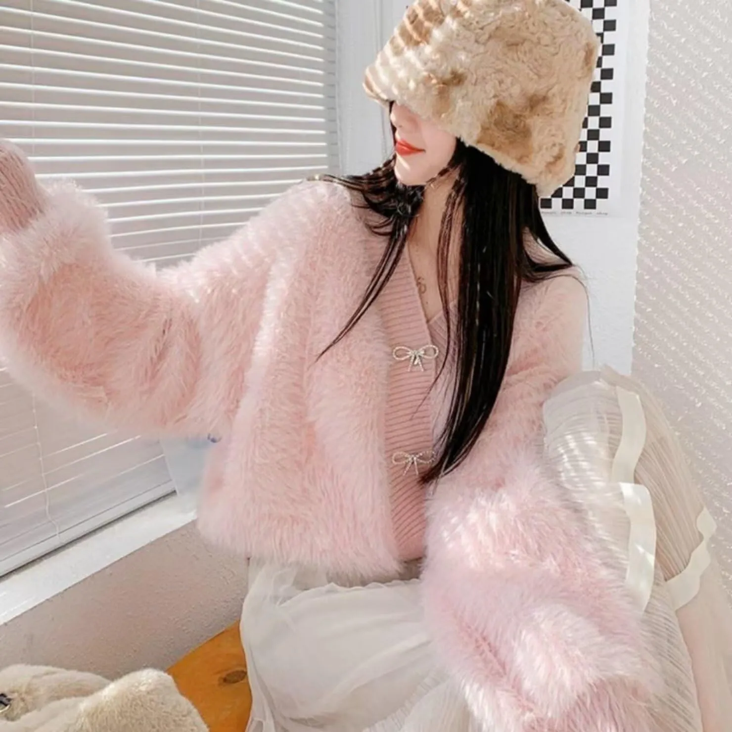 Women's Fuzzy Fluffy Cardigan Cute Bowknot Button Sweater Long Sleeve V Neck Knit Tops