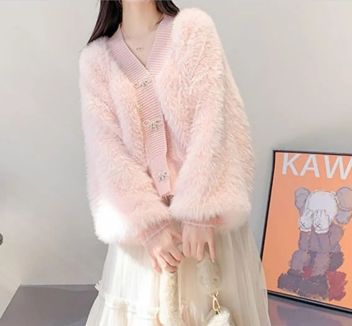 Women's Fuzzy Fluffy Cardigan Cute Bowknot Button Sweater Long Sleeve V Neck Knit Tops