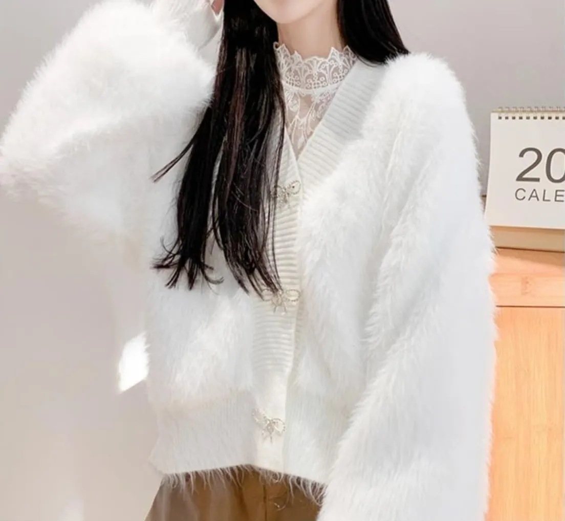 Women's Fuzzy Fluffy Cardigan Cute Bowknot Button Sweater Long Sleeve V Neck Knit Tops