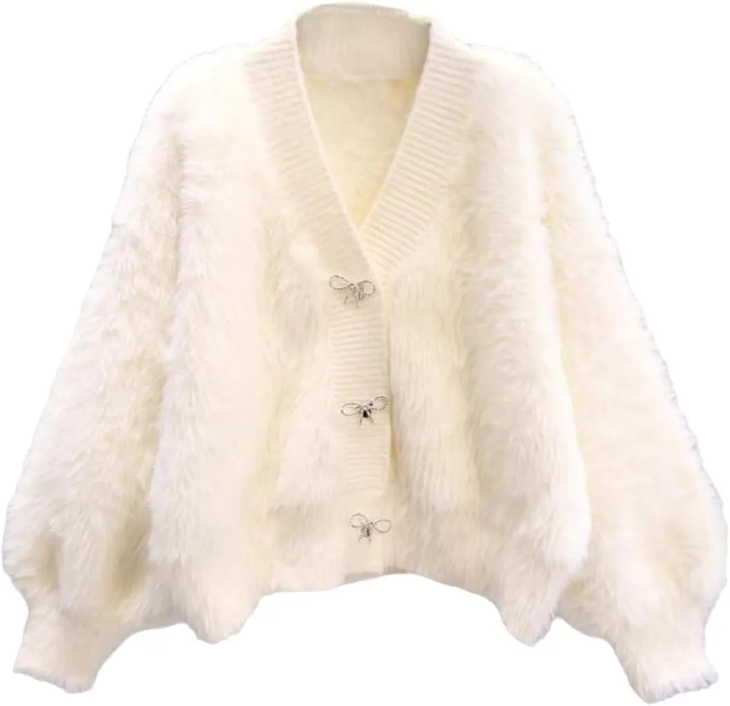 Women's Fuzzy Fluffy Cardigan Cute Bowknot Button Sweater Long Sleeve V Neck Knit Tops