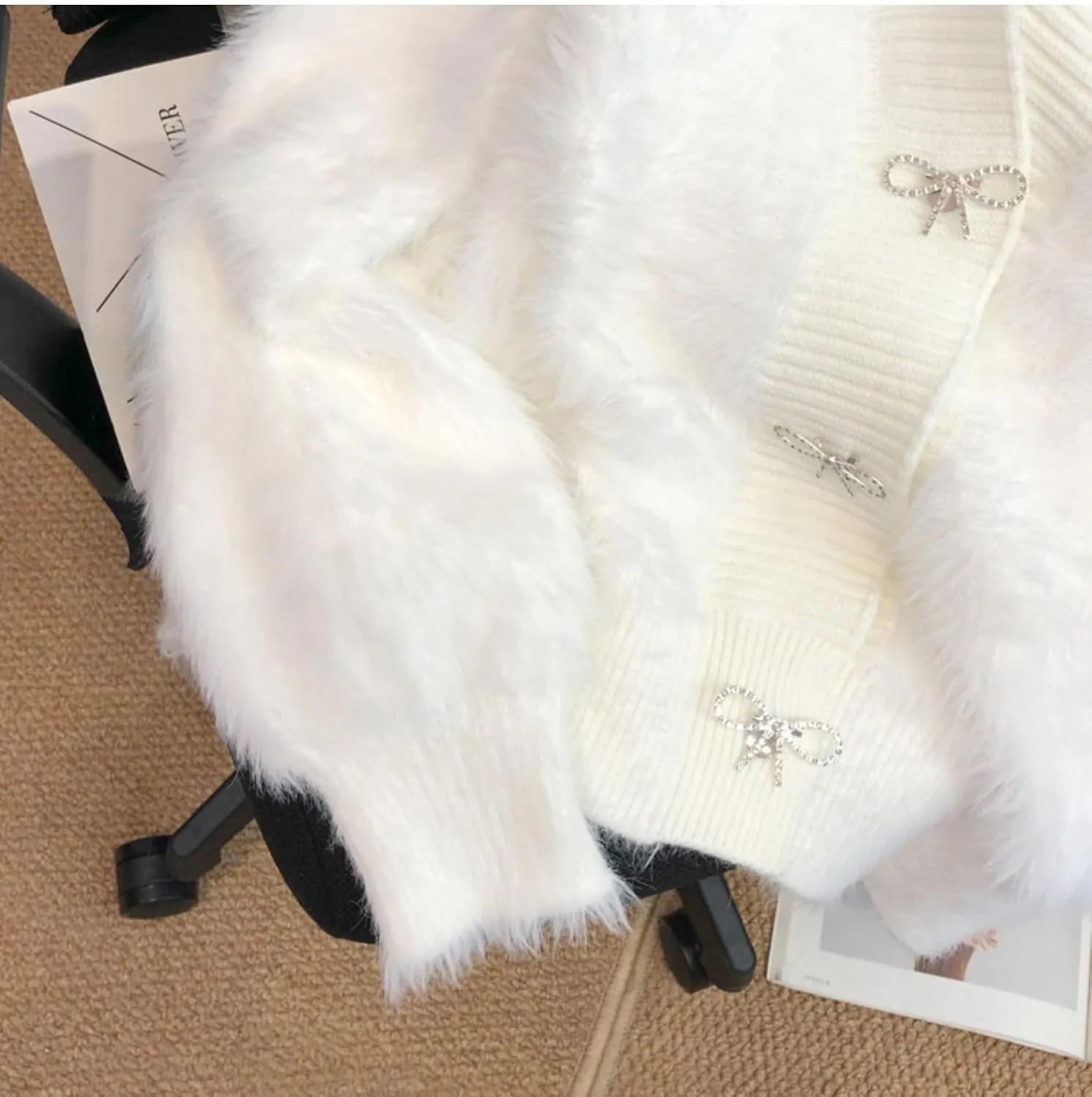 Women's Fuzzy Fluffy Cardigan Cute Bowknot Button Sweater Long Sleeve V Neck Knit Tops