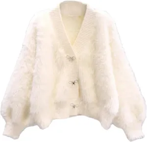 Women's Fuzzy Fluffy Cardigan Cute Bowknot Button Sweater Long Sleeve V Neck Knit Tops