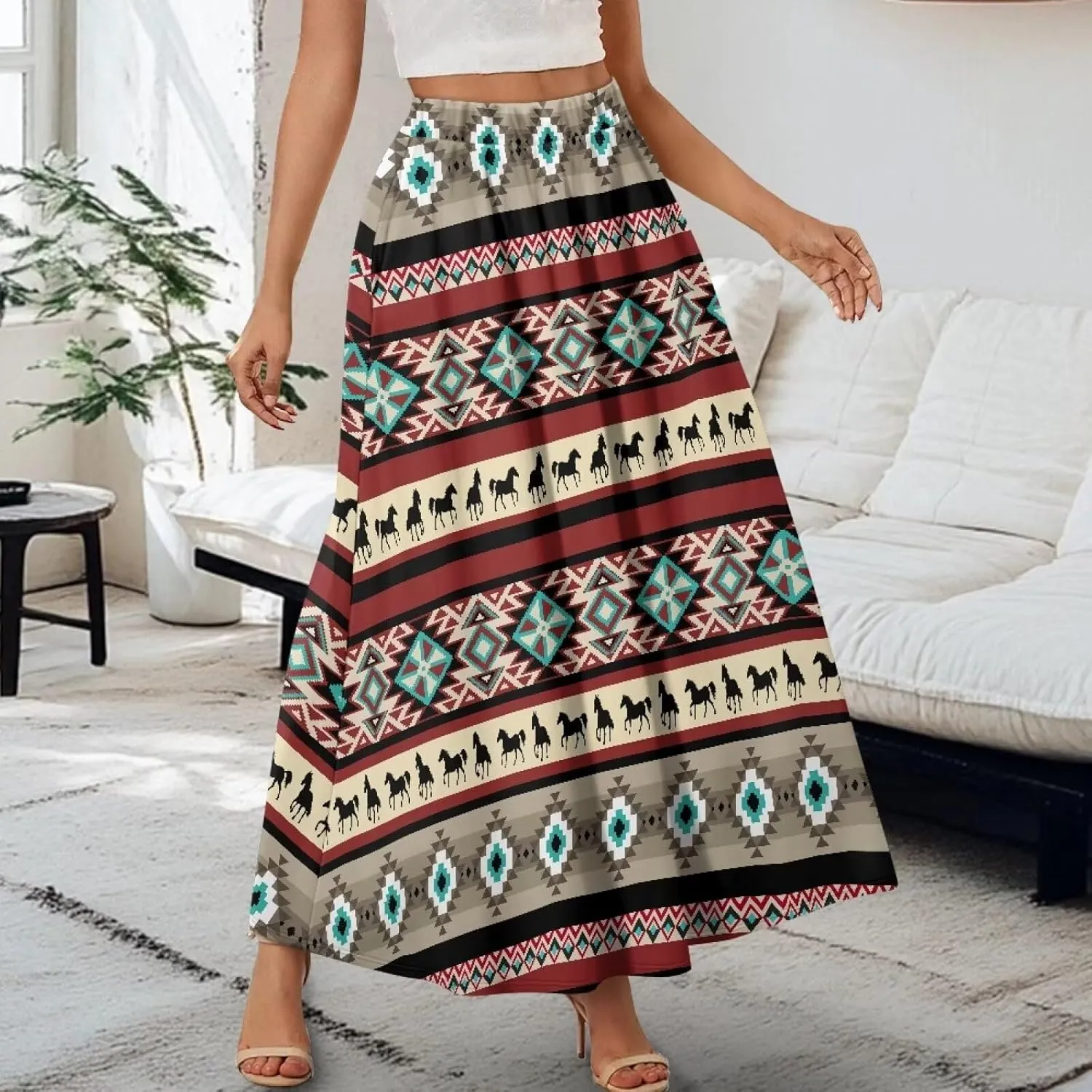 Women's High Waist A-Line Skirt Polyester Maxi Skirt with Pockets for Walking Vacation Travel