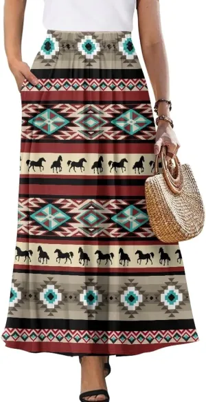 Women's High Waist A-Line Skirt Polyester Maxi Skirt with Pockets for Walking Vacation Travel