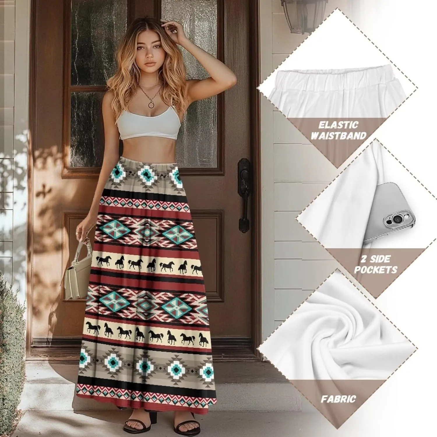 Women's High Waist A-Line Skirt Polyester Maxi Skirt with Pockets for Walking Vacation Travel