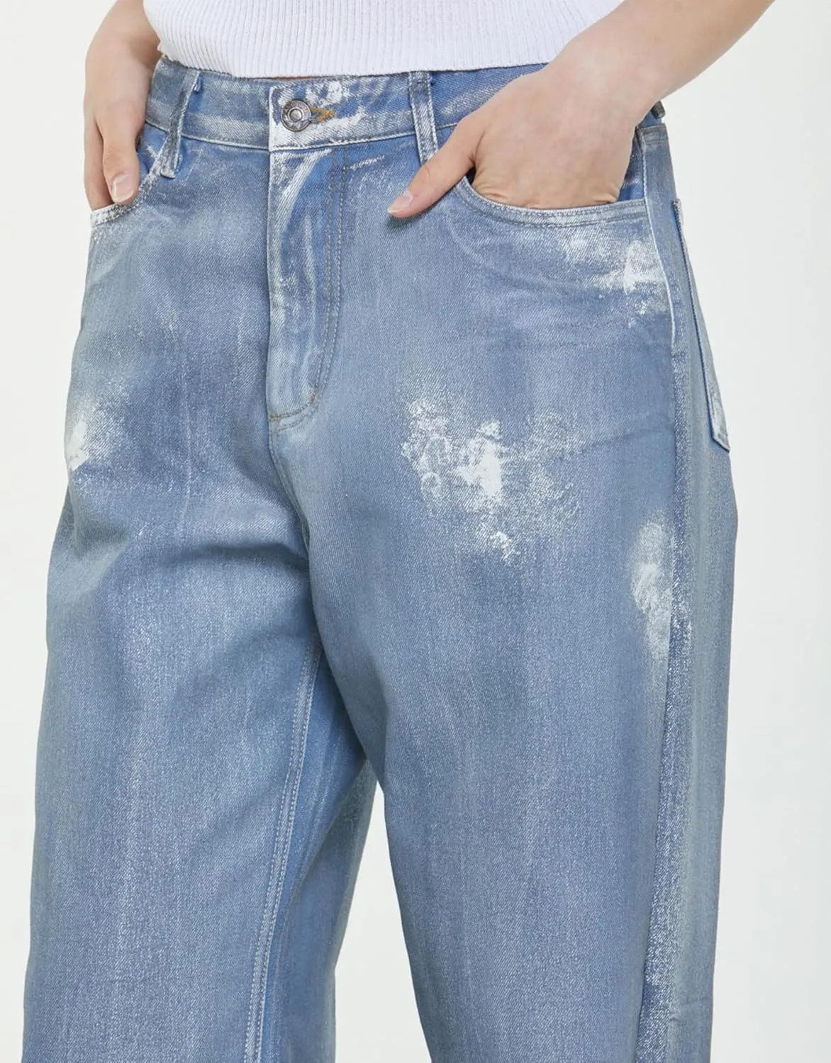 Women's High Waist Jeans Metallic Baggy Boyfriend Casual Pant Y2K Straight Leg Denim Pants