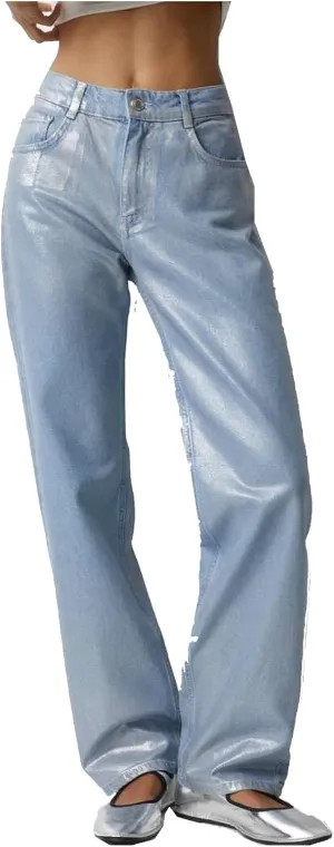 Women's High Waist Jeans Metallic Baggy Boyfriend Casual Pant Y2K Straight Leg Denim Pants