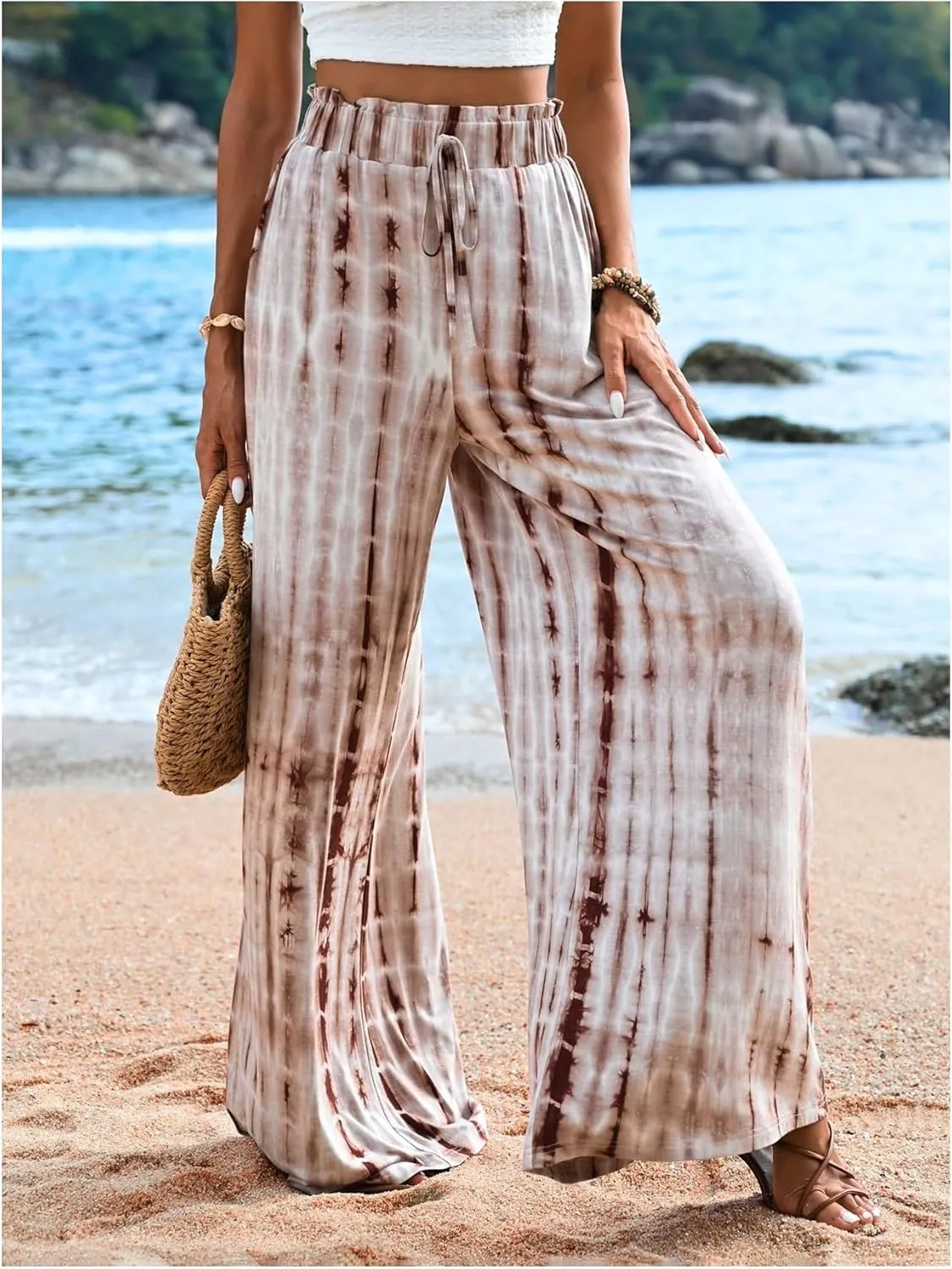 Women's High Waisted Palazzo Wide Leg Pants Knot Front Casual Beach Vacation Flowy Pants