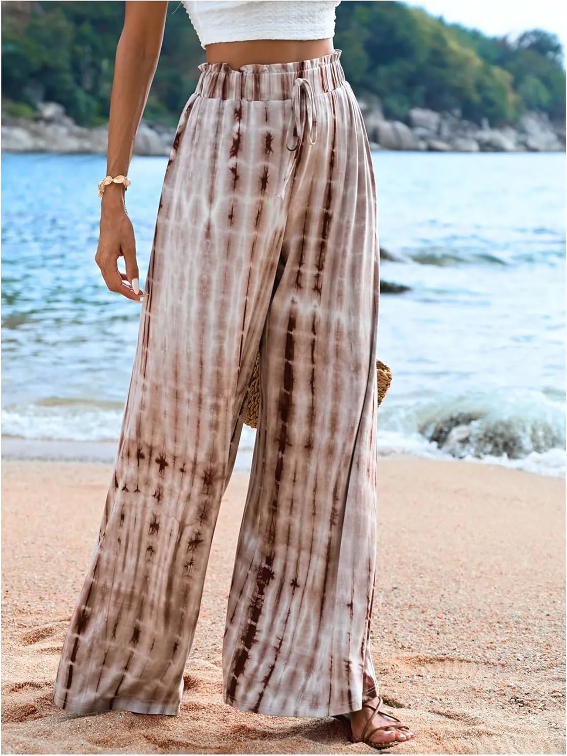Women's High Waisted Palazzo Wide Leg Pants Knot Front Casual Beach Vacation Flowy Pants