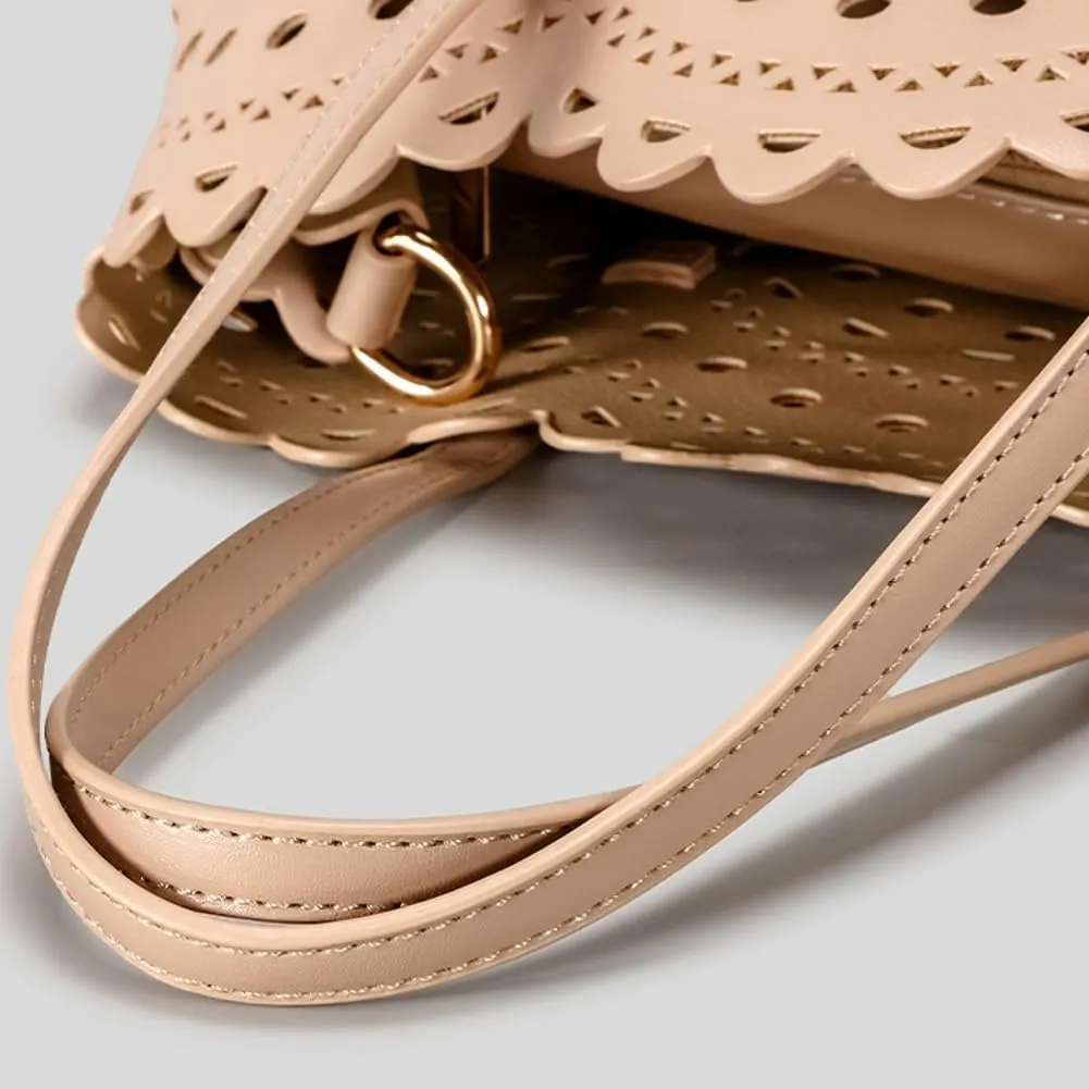 Womens Hollow Vegan Leather Tote Bag Small Summer Beach Bucket Shoulder Purse Top Handle Handbag Crossbody Satchels