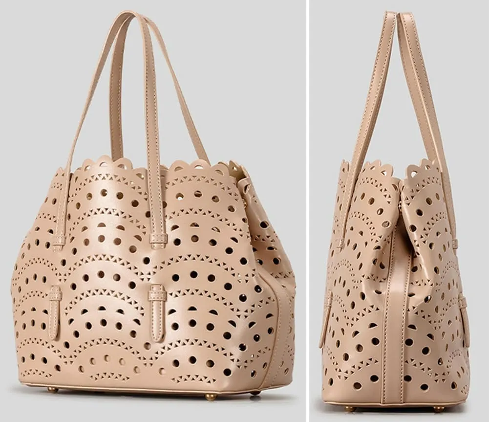 Womens Hollow Vegan Leather Tote Bag Small Summer Beach Bucket Shoulder Purse Top Handle Handbag Crossbody Satchels