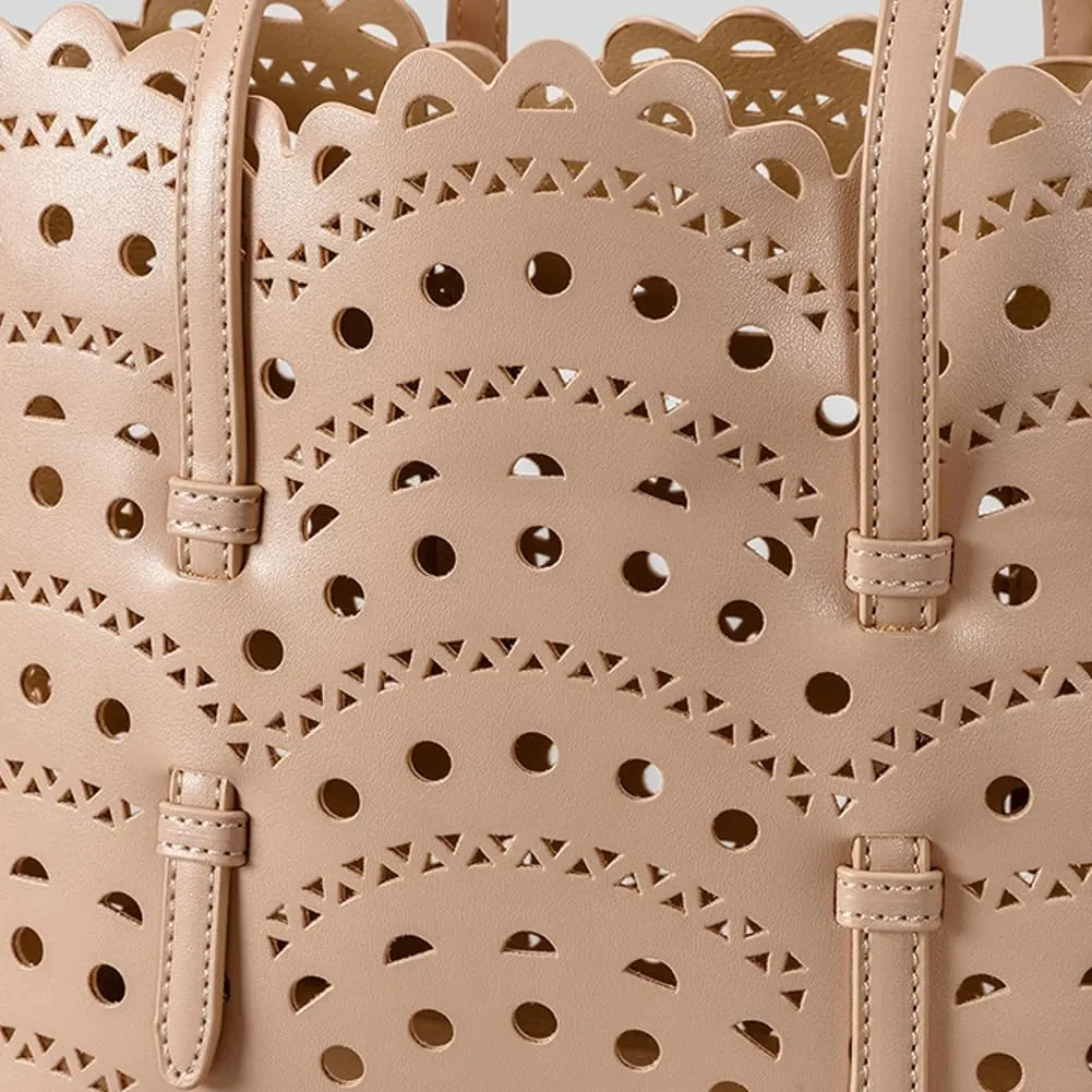 Womens Hollow Vegan Leather Tote Bag Small Summer Beach Bucket Shoulder Purse Top Handle Handbag Crossbody Satchels