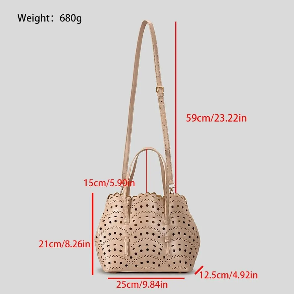Womens Hollow Vegan Leather Tote Bag Small Summer Beach Bucket Shoulder Purse Top Handle Handbag Crossbody Satchels