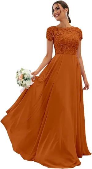 Women's Lace Bridesmaid Dresses Long for Wedding Cap Sleeves Chiffon A-Line Formal Gown with Pockets