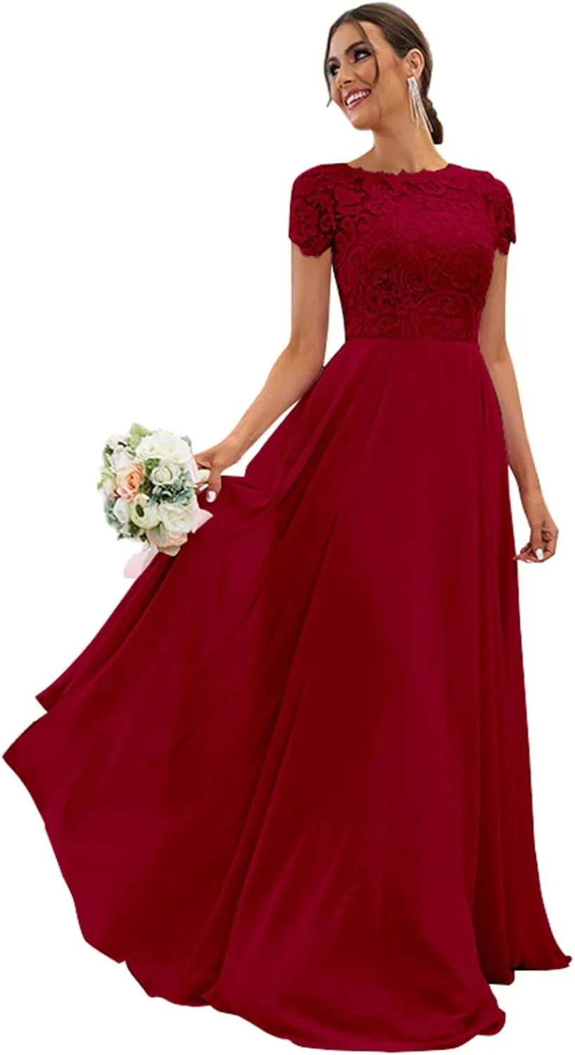 Women's Lace Bridesmaid Dresses Long for Wedding Cap Sleeves Chiffon A-Line Formal Gown with Pockets