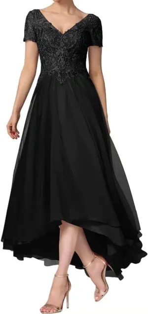 Women's Laces Appliques Mother of The Bride Dresses for Wedding Tea Length Cap Sleeves Mother of The Groom Dresses