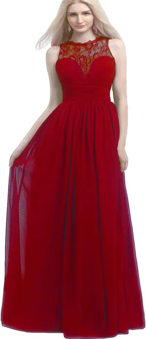 Women's Long Chiffon Lace Sleeveless Evening Dress Long Bridesmaid Party Dresses