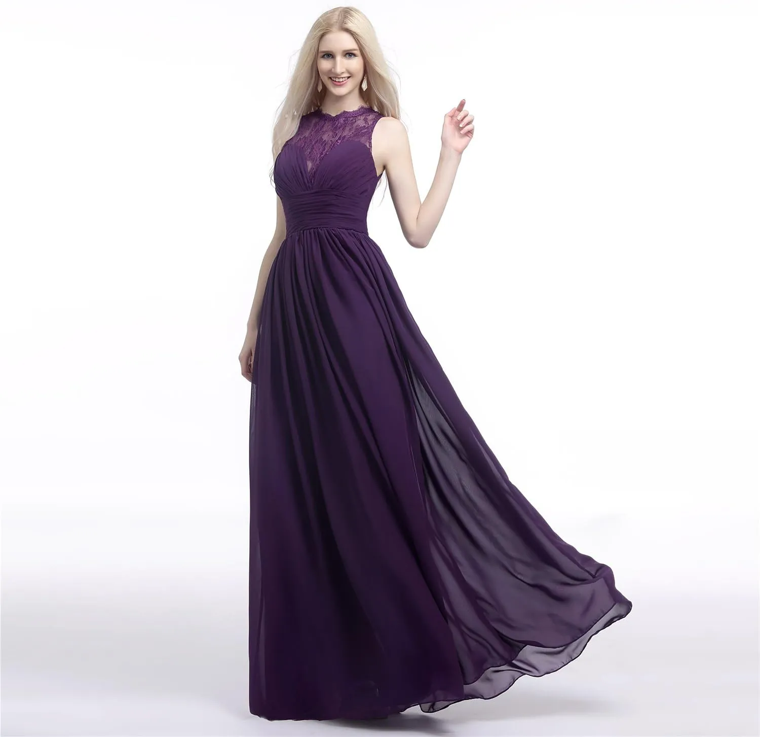 Women's Long Chiffon Lace Sleeveless Evening Dress Long Bridesmaid Party Dresses