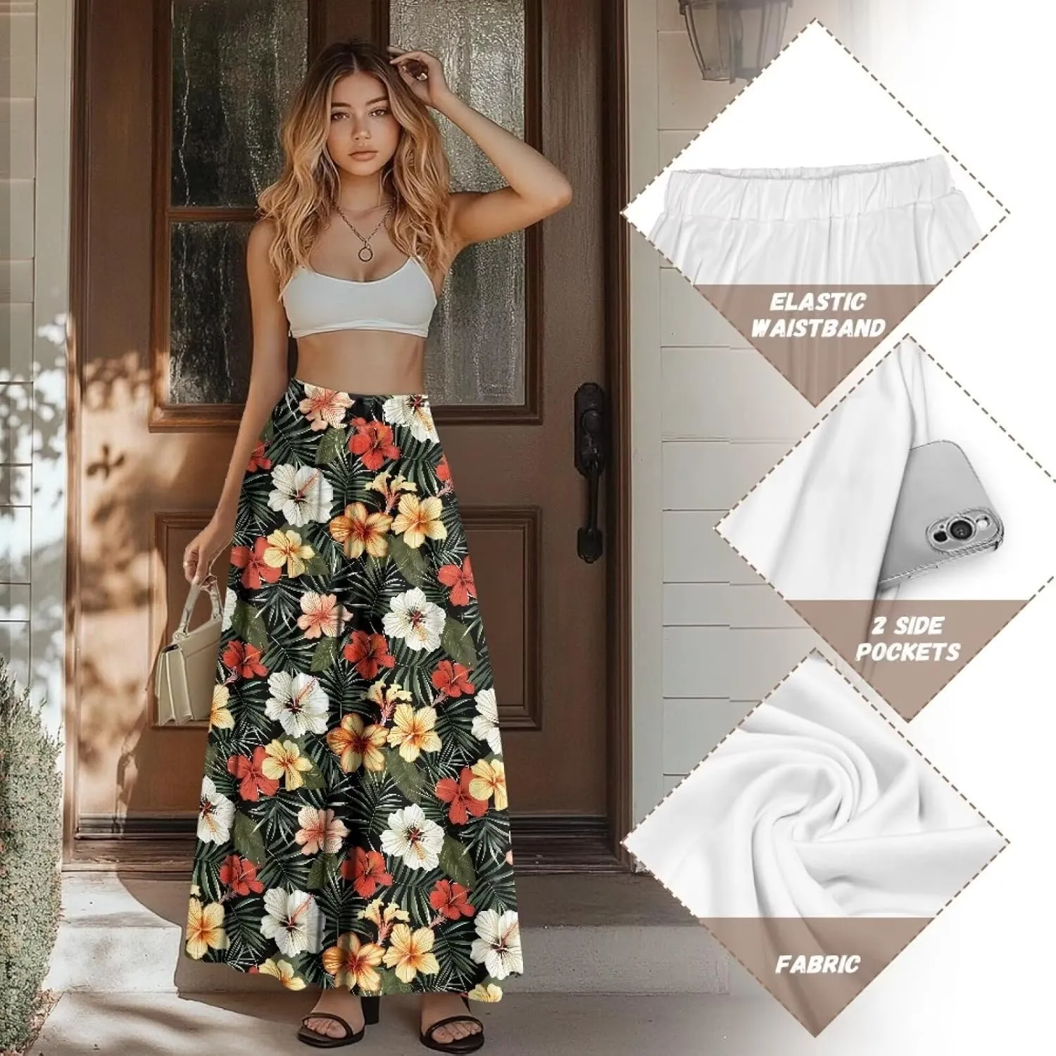 Womens Maxi Polyester Skirt Fall Wedding Dresses Winter Party Elegant High Waisted Skirts with Pockets