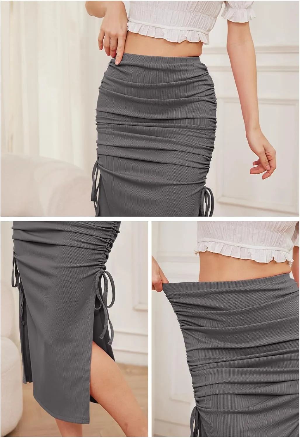 Womens Midi Ruched Skirt Bodycon Drawstring Solid Stretchy High Elastic Waisted Long Skirts for Women with Slit