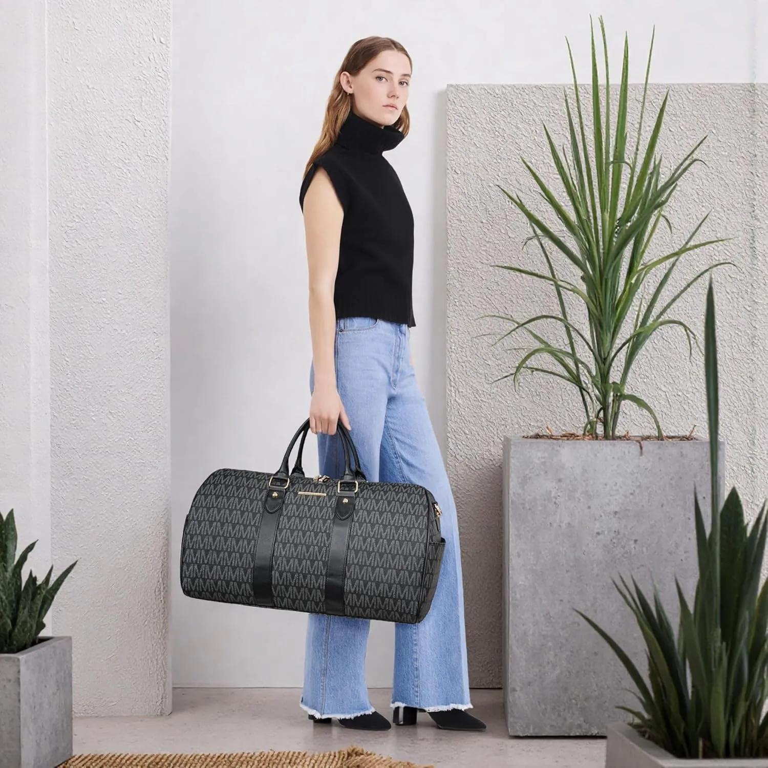 Women's Monogrammed PU Leather Duffel Bag - Scratch-Resistant Waterproof Multi-Pocket Design, Large Capacity Carry-On for Gym Yoga Work Weekender Travel