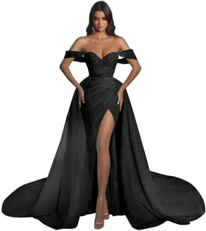 Women's Off The Shoulder Prom Dresses Long Ball Gown with Tran Sparkly Sequins Mermaid Formal Evening Gown