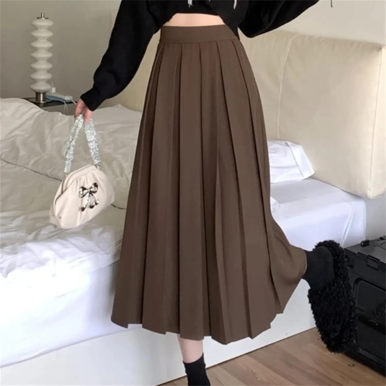 Women's Pleated Midi Skirts,High Waist, Preppy Style Fashion Casual Vintage All-Match