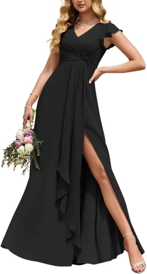Women's Puffle Sleeve Bridesmaid Dresses Long A Line Side Slit Chiffon Formal Evening Gown with Pockets TB26