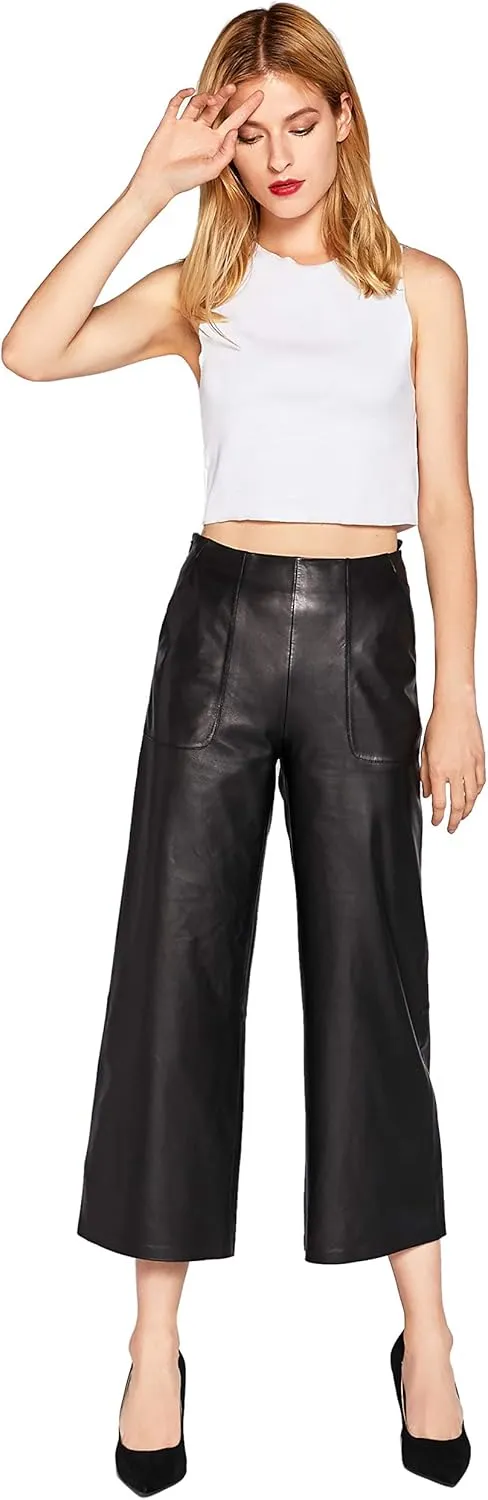 Women's Real Leather Pants High Waist Leather Wide Leg Pants Black SmartUniverseWear