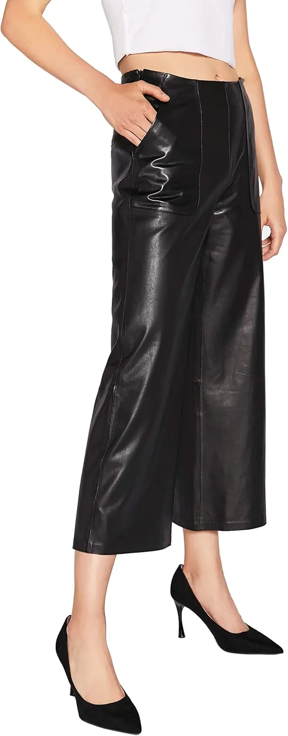 Women's Real Leather Pants High Waist Leather Wide Leg Pants Black SmartUniverseWear