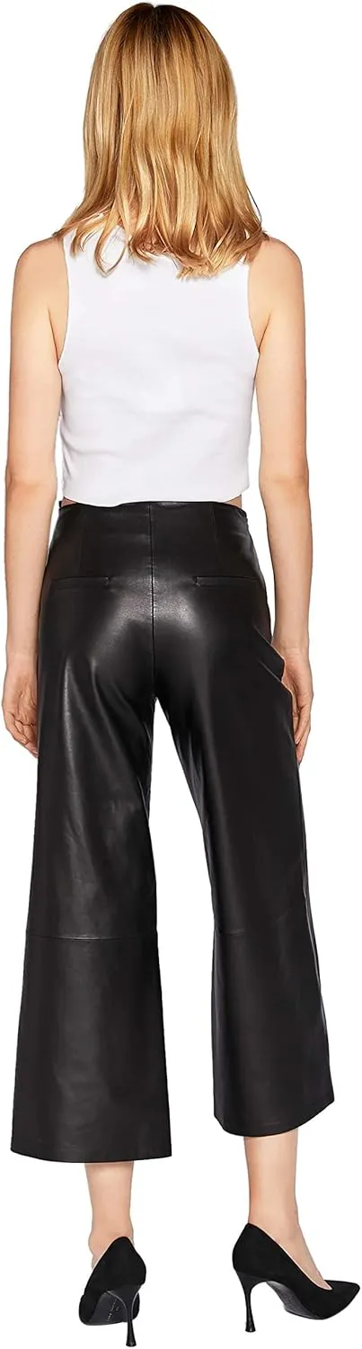 Women's Real Leather Pants High Waist Leather Wide Leg Pants Black SmartUniverseWear