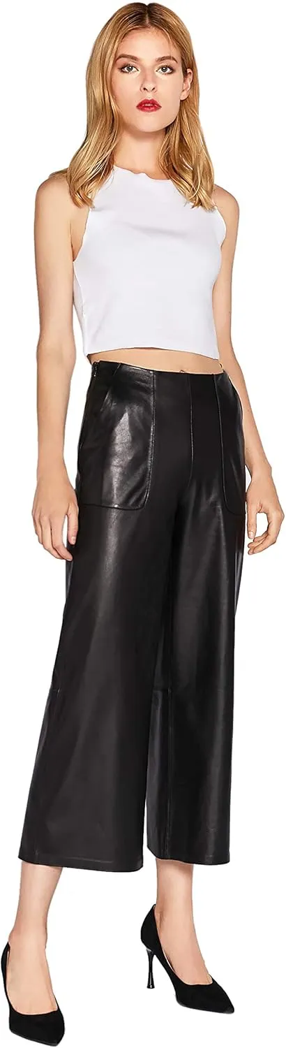 Women's Real Leather Pants High Waist Leather Wide Leg Pants Black SmartUniverseWear