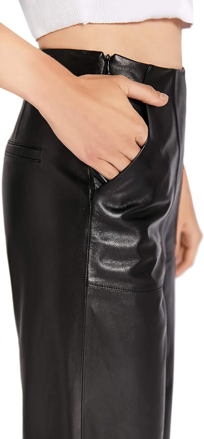 Women's Real Leather Pants High Waist Leather Wide Leg Pants Black SmartUniverseWear
