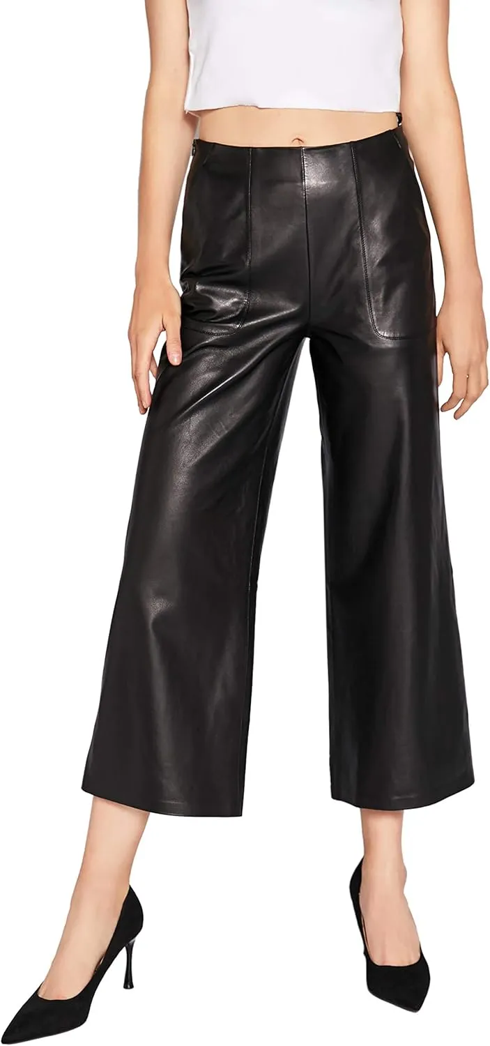 Women's Real Leather Pants High Waist Leather Wide Leg Pants Black SmartUniverseWear