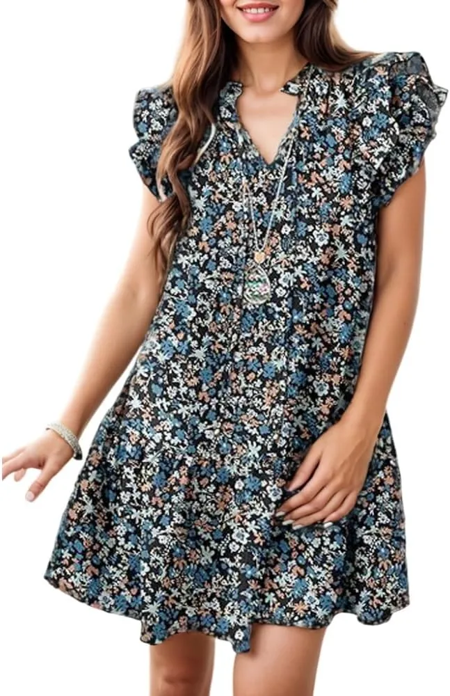 Women's Ruffle Short Sleeve Floral Print V-Neck Dress 2025 Summer Trendy A-Line Beach Flowy Swing Mini Dresses