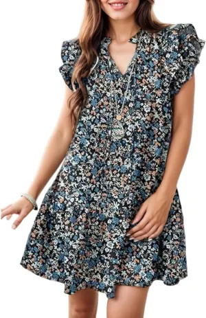 Women's Ruffle Short Sleeve Floral Print V-Neck Dress 2025 Summer Trendy A-Line Beach Flowy Swing Mini Dresses