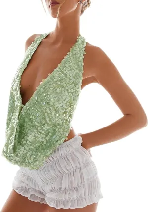 Womens Sequin Top Sleeveless Halter Rhinestone Pearl Floral Camisole Party Club Sparkly Tops Bling Glitter Tank
