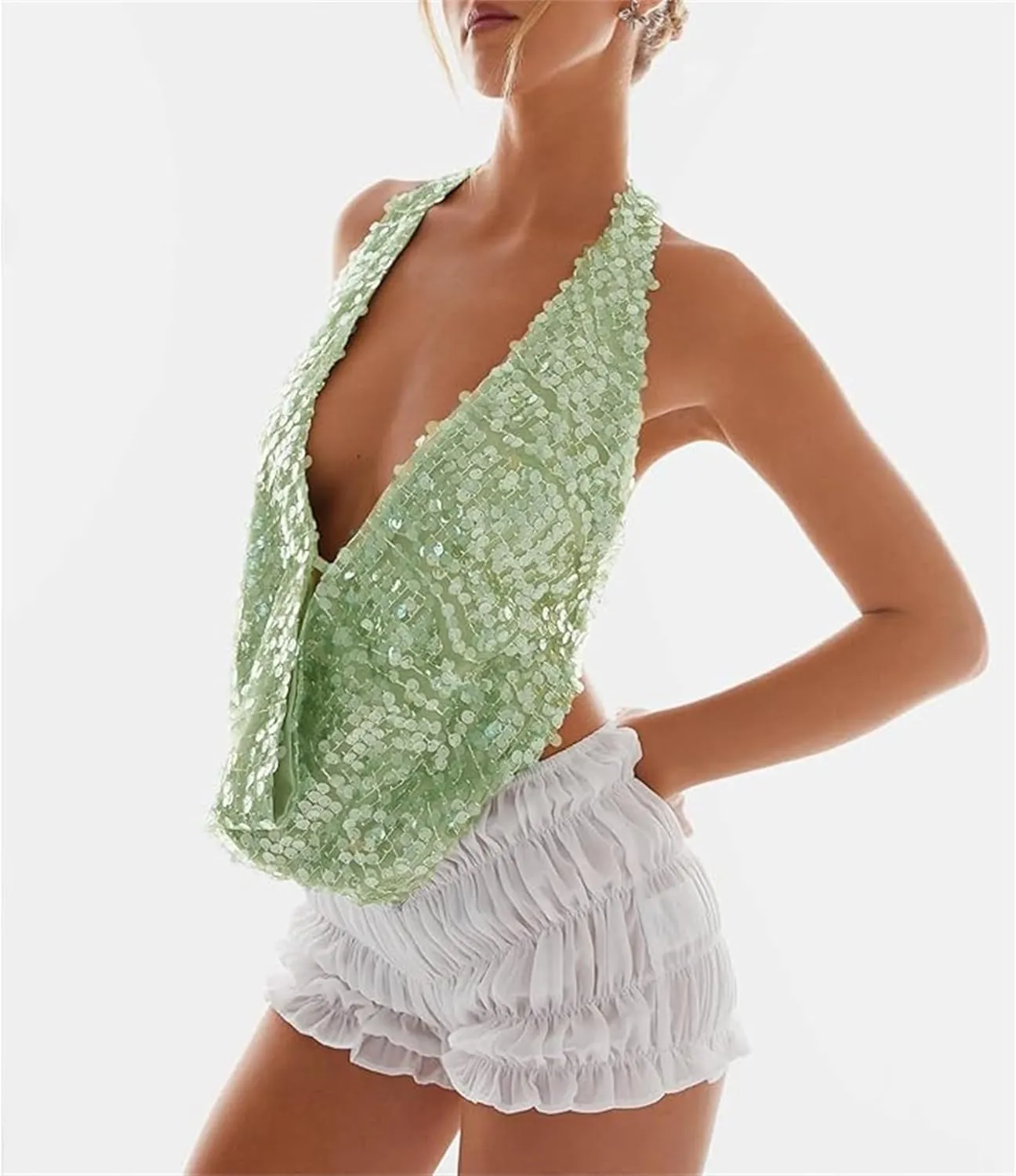 Womens Sequin Top Sleeveless Halter Rhinestone Pearl Floral Camisole Party Club Sparkly Tops Bling Glitter Tank