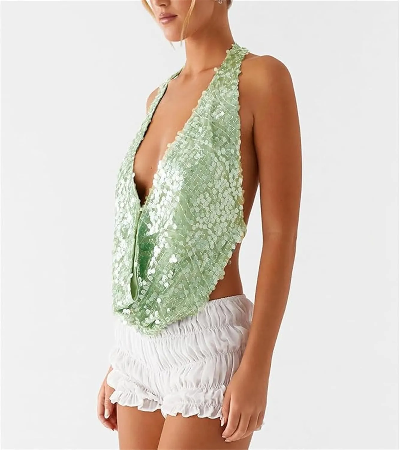 Womens Sequin Top Sleeveless Halter Rhinestone Pearl Floral Camisole Party Club Sparkly Tops Bling Glitter Tank
