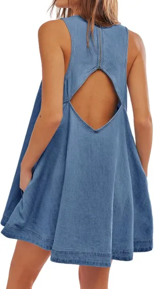 Women's Sleeveless Casual Denim Dress Crewneck Vintage Babydoll Jean Mini Dresses with Pockets