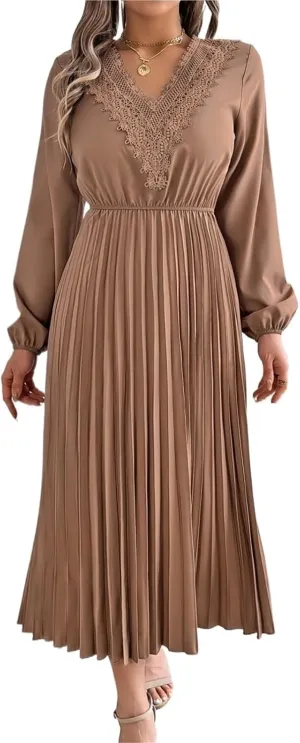 Women's Solid Color Long Sleeve Dress - Bohemian Lace V-Neck Balloon Sleeve Cinched Waist Pleated Maxi Skirt