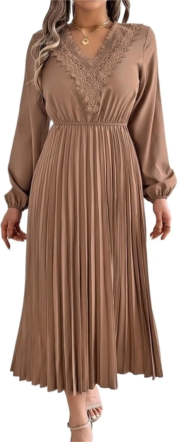 Women's Solid Color Long Sleeve Dress - Bohemian Lace V-Neck Balloon Sleeve Cinched Waist Pleated Maxi Skirt