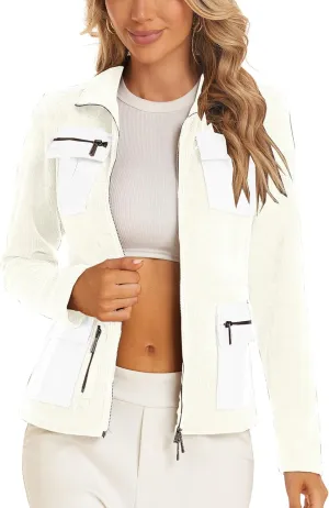 Women's Stand Collar Zip up Long Sleeve Jacket with Pockets