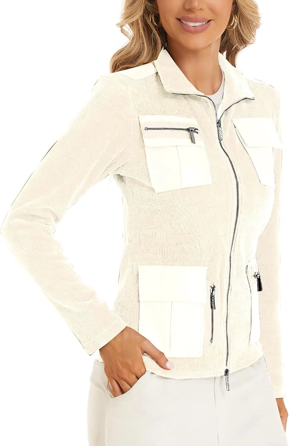 Women's Stand Collar Zip up Long Sleeve Jacket with Pockets