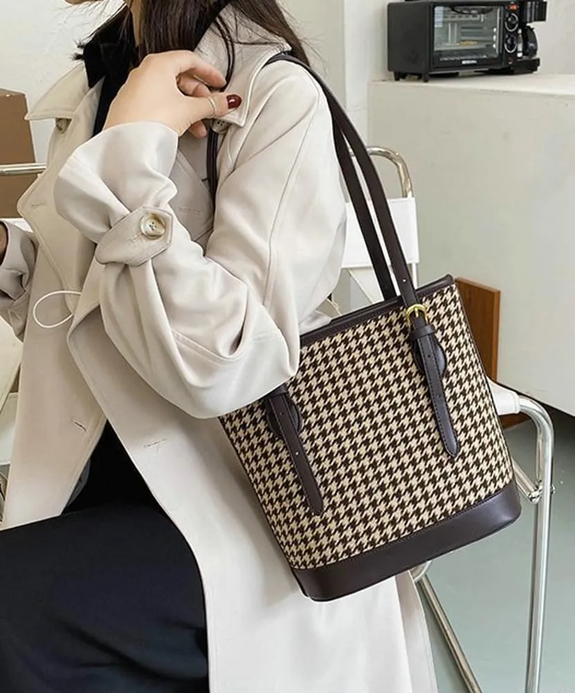Womens Trendy Bucket Tote Bags Large Gird Shoulder Purses Handbags Ladies Top Handle Satchels with Adjustable Strap