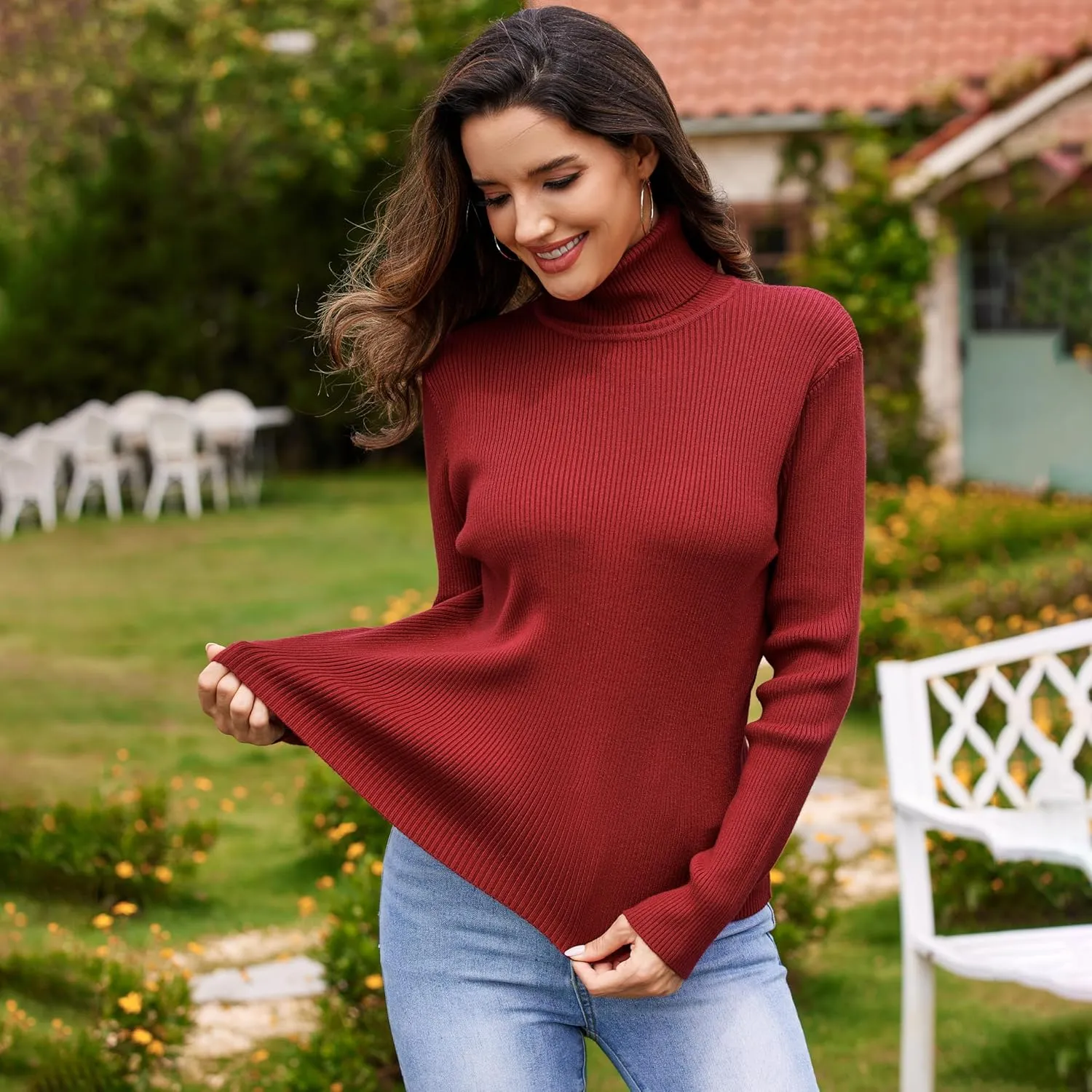 Women's Turtleneck Ribbed Pullover Fashion Long Sleeve Knit Sweater Fall Basic Tops