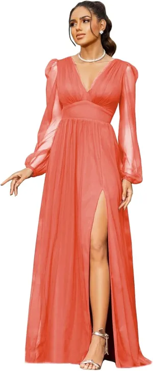 Women's V Neck Bridesmaid Dresses for Wedding Long Sleeves A-Line Chiffon Formal Gown with Slit