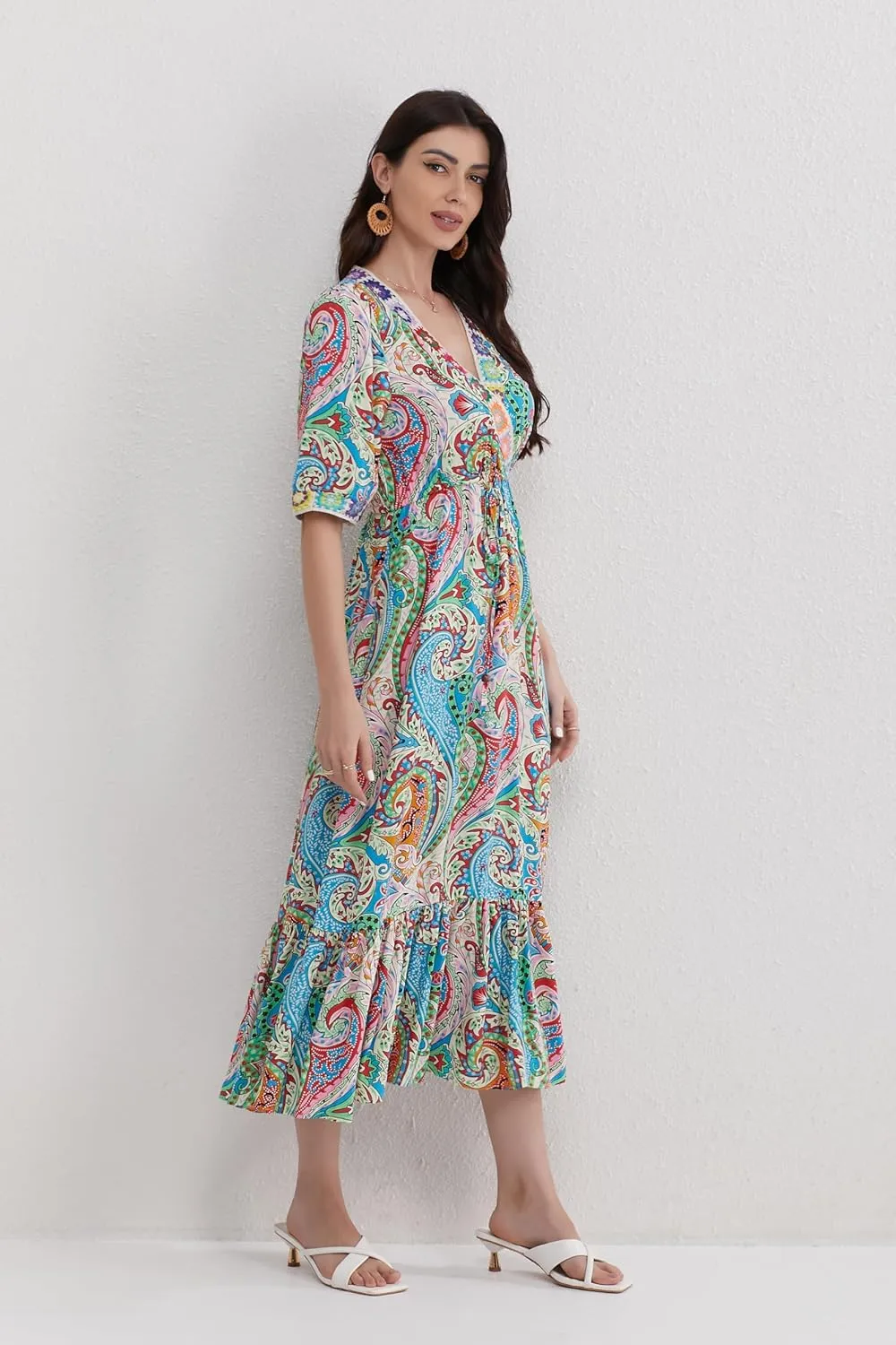 Womens V Neck Short Sleeves High Waist Floral Print Casual Bohemian Midi Dresses