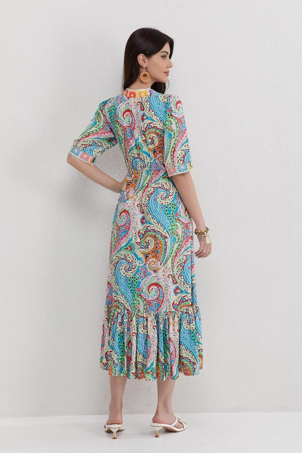 Womens V Neck Short Sleeves High Waist Floral Print Casual Bohemian Midi Dresses