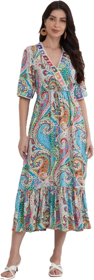 Womens V Neck Short Sleeves High Waist Floral Print Casual Bohemian Midi Dresses